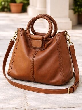 HOBO Cognac Leather Shoulder Bag Woven Handle Crossbody